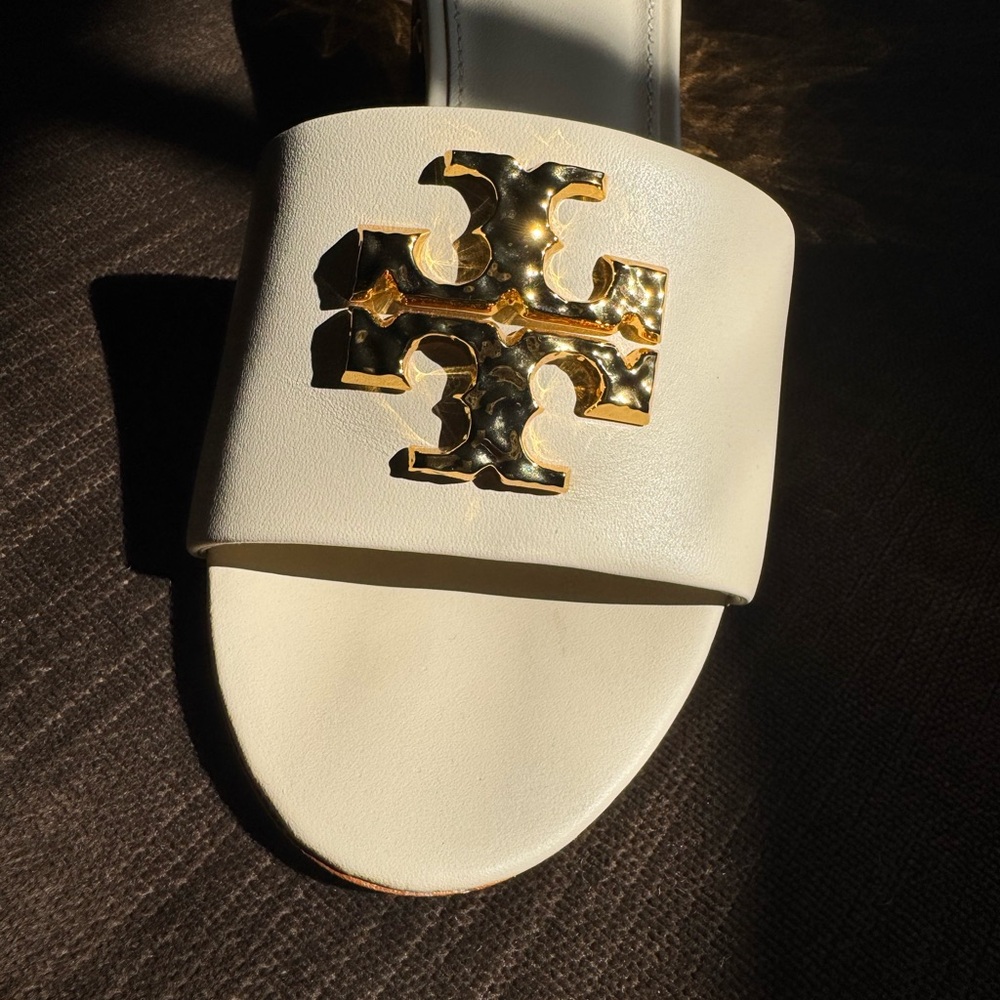 Tory Burch White and Gold Slide Sandals - Picture 2 of 8